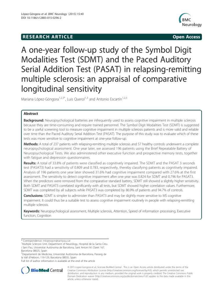 A One-Year Follow-Up Study of The Symbol Digit Modalities Test in MS ...