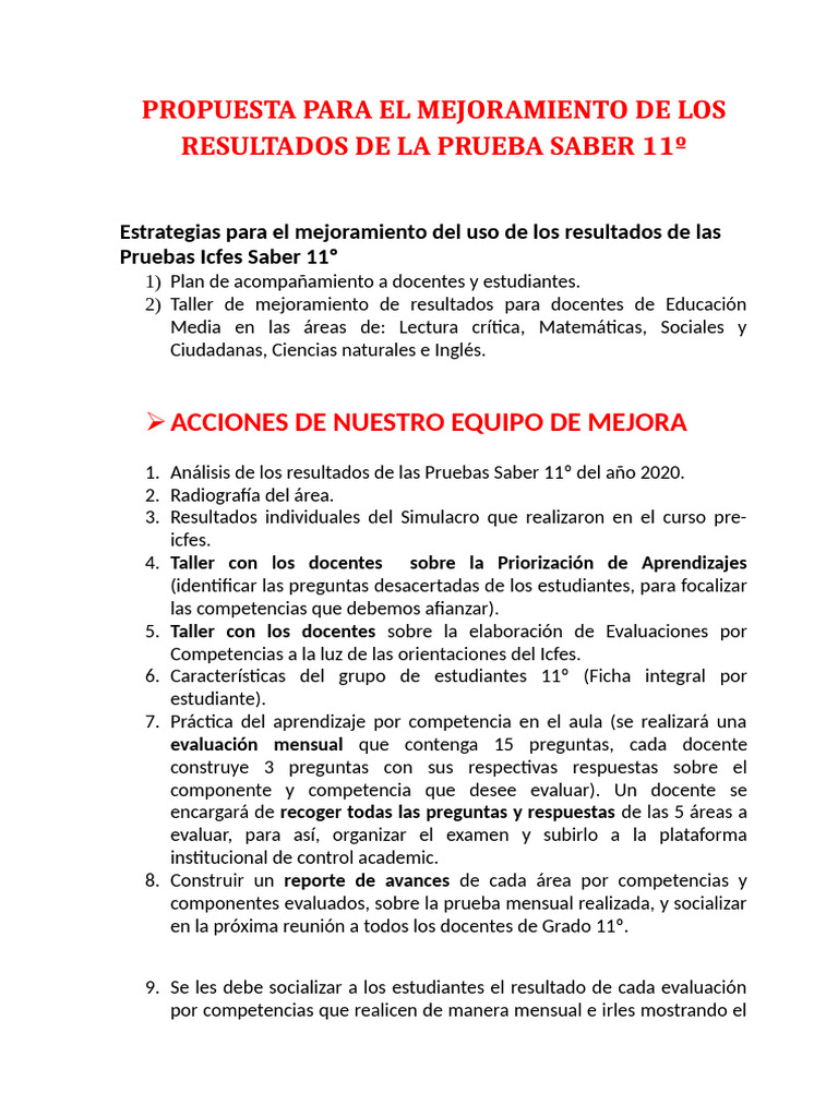 Propuesta para El Mejoramiento de Los Resultados de La Prueba Saber 11 ...
