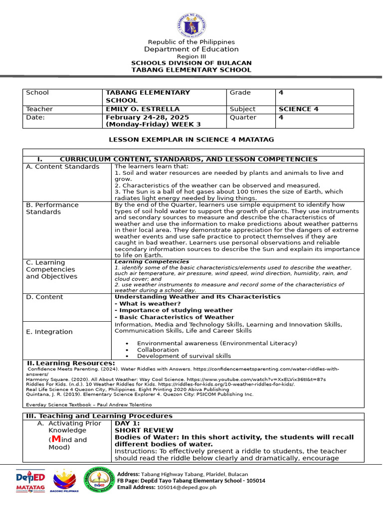q4 Week 3-Dlp Matatag Science Grade 4 | PDF