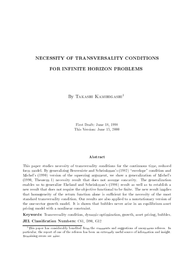 Necessity of Transversality Conditions For Infinite Horizon Problems ...