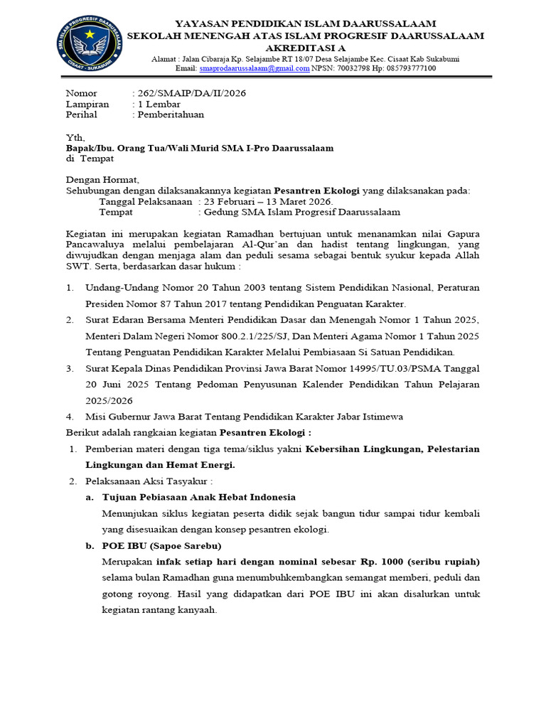 Surat Pemberitahuan Pesantren Ekologi - Orangtua-Wali Murid SMA IP ...