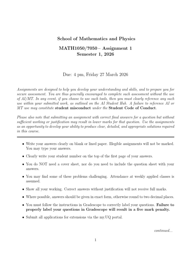 MATH1050 Assignment 1 Sem 1 2026 | PDF | Mechanics