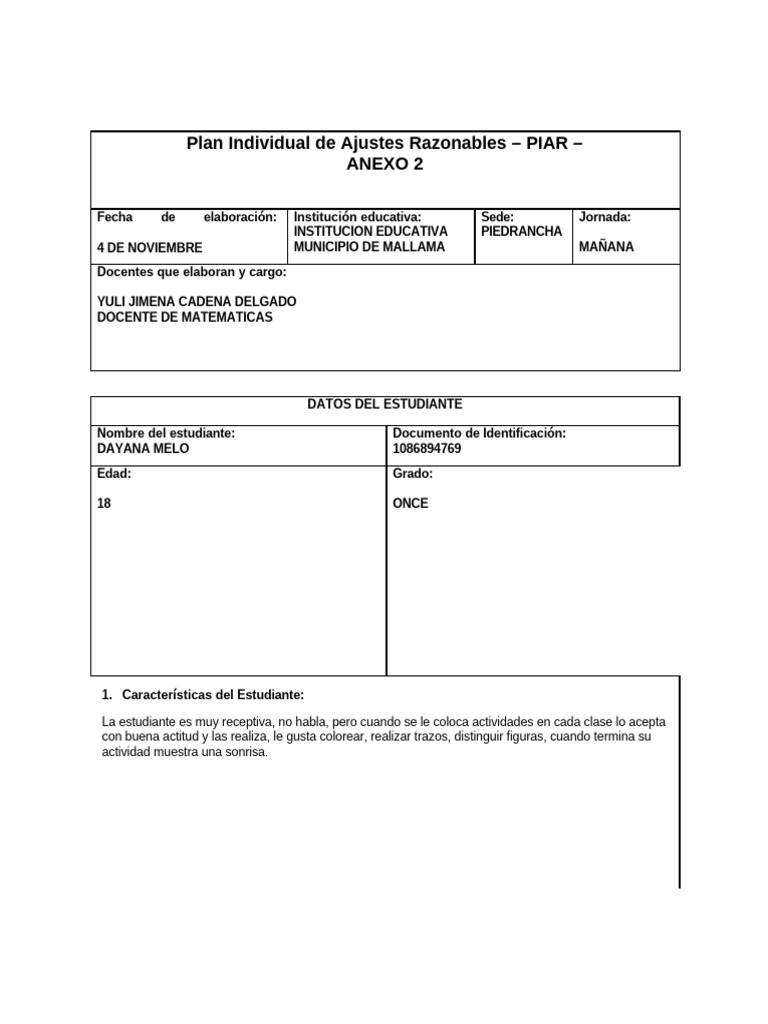 Plan Individual de Ajustes Razonables Dayana Melo | PDF | Educación de ...