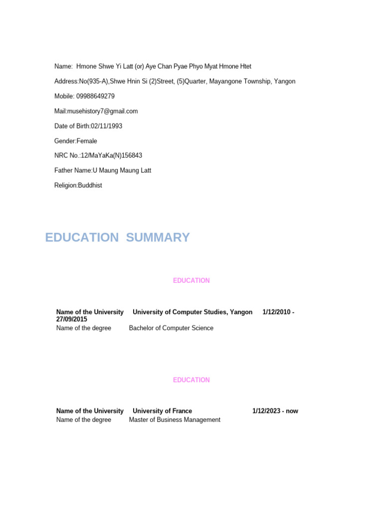 HmoneShweYiLatt CV 2025 Update 10 | PDF | Websites | Databases