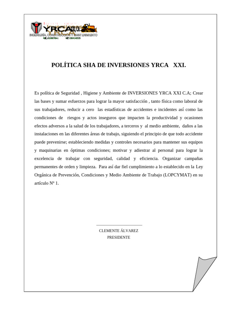 Política Sha de Inversiones Yrca Xxi | PDF