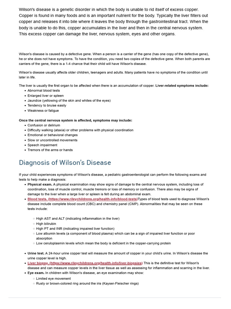 Wilson's Disease Riley Children's Health | PDF