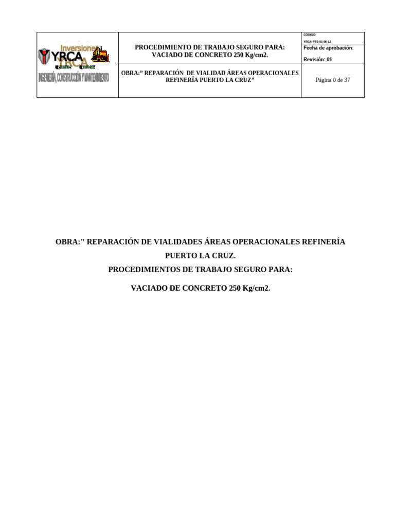 Vaciado de Concreto 250Kg YRCA-PTS-01!06!09 | PDF | Refinería de ...