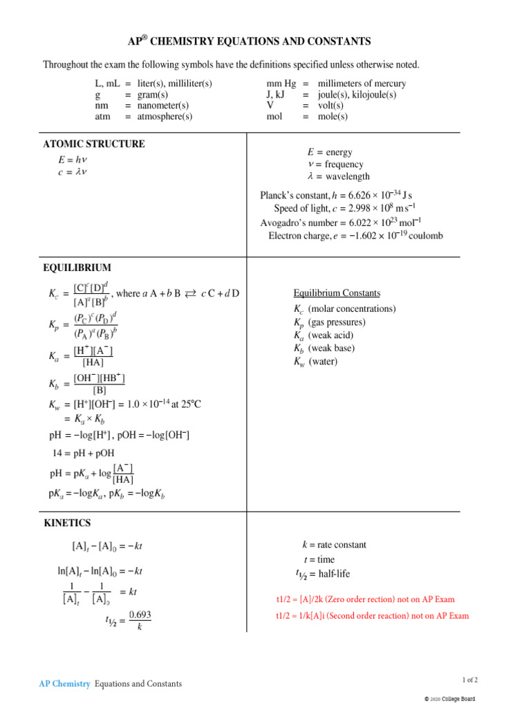 Chemistry Equations Sheet 2020 | PDF | Chemical Engineering | Chemical ...