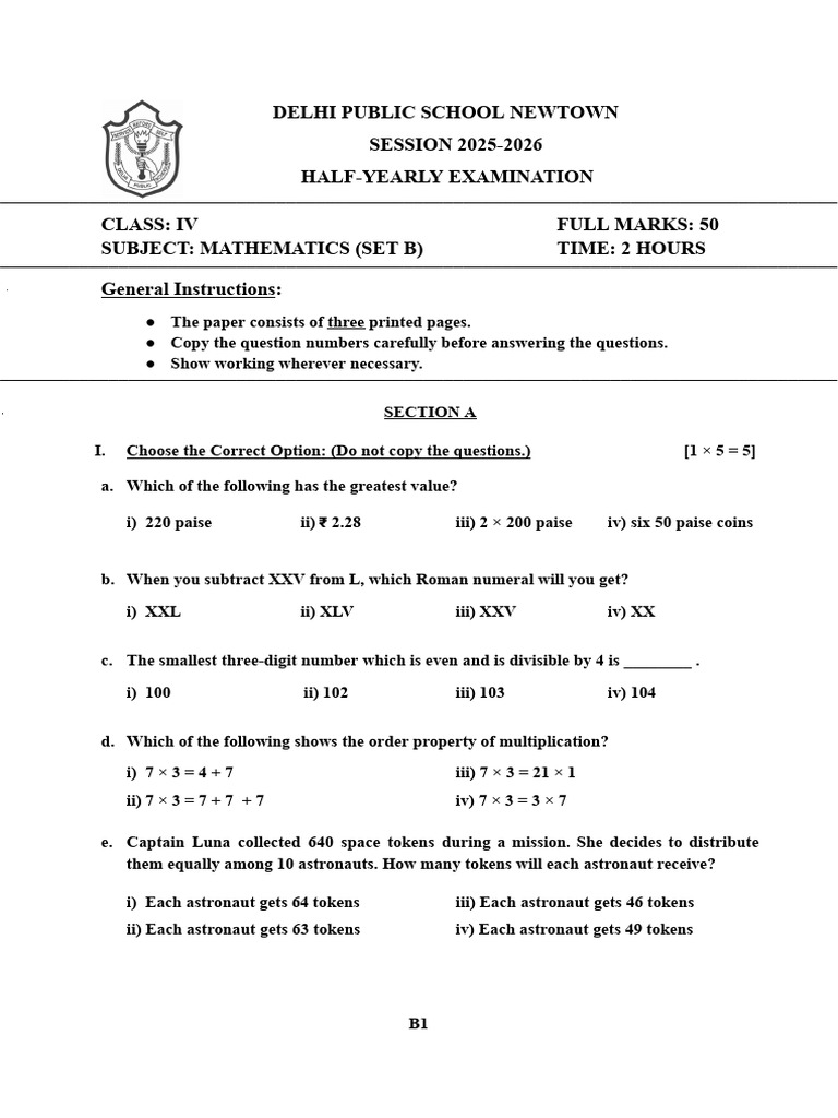 Class 4 Mathematics Set B Hy 2025 | PDF