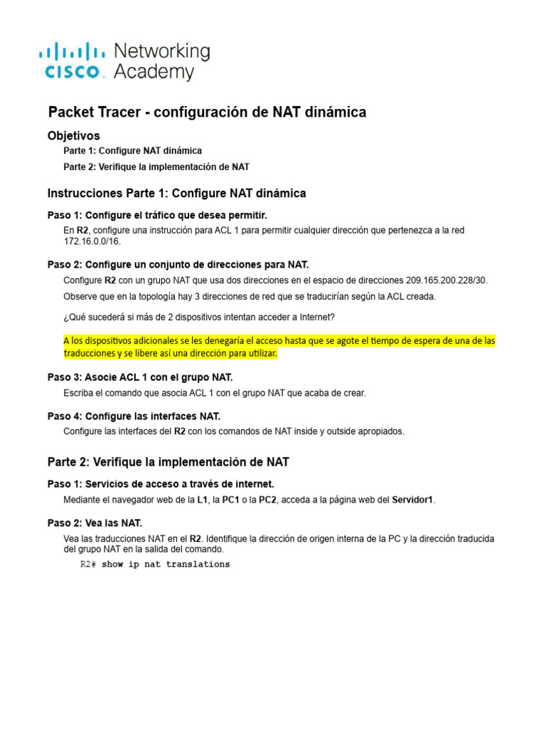 6.5.6 Packet Tracer Configure Dynamic Nat Es XL Completo | PDF