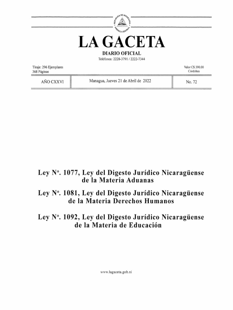 Ley #1092, Digesto Jurídico Nicaragüense Materia Educación | PDF