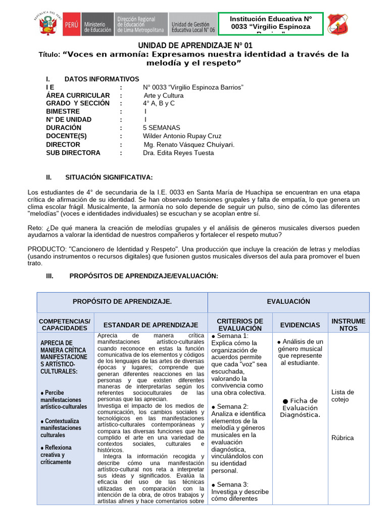 1ra UNIDAD DE APRENDIZAJE 4° GRADO | PDF | Aprendizaje | Evaluación