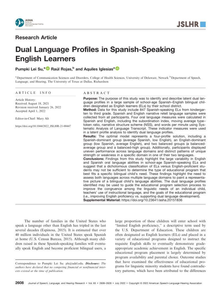 Dual Language Profiles in Spanish Speaking English Learners | PDF ...