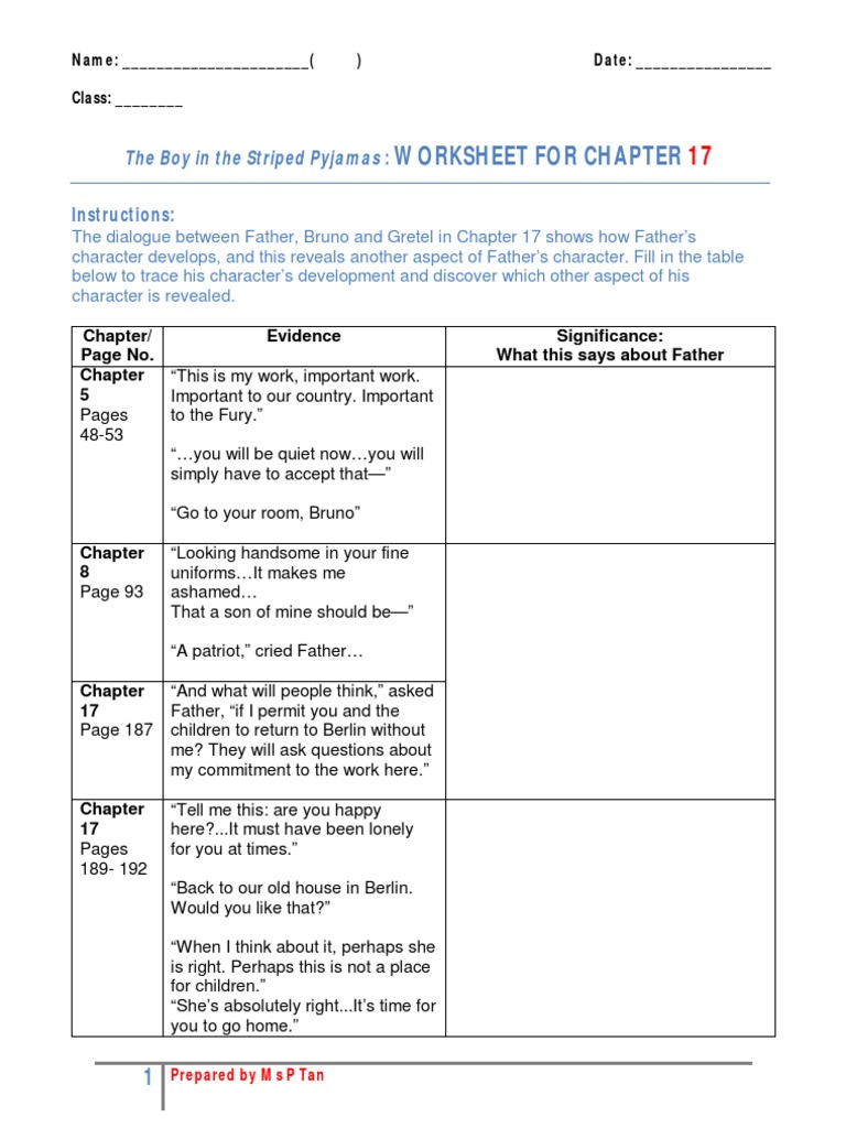 Worksheet For Chapter The Boy in The Striped Pyjamas PDF