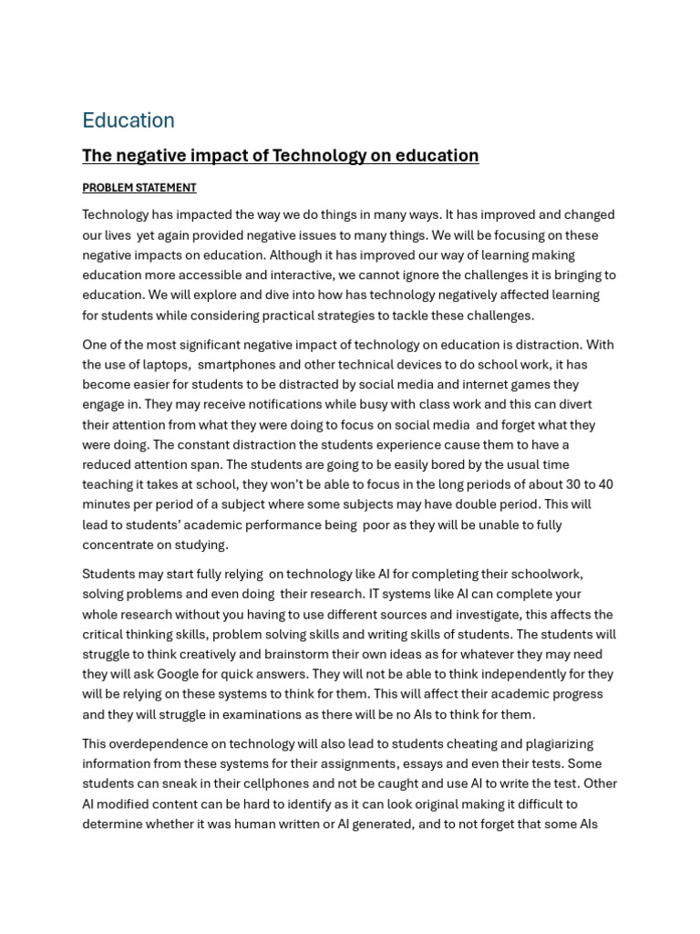 The Negative Impact of Technology On Education | PDF | Teachers ...