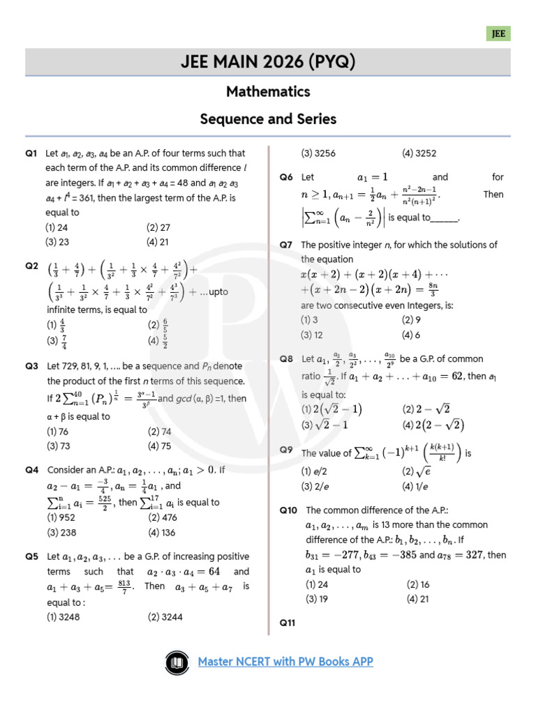 JEE Main 2026 Qs Sequence and Series | PDF | Arithmetic | Discrete ...