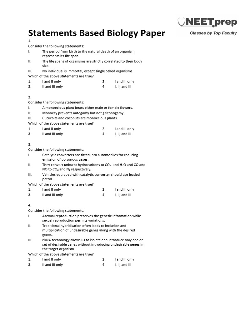 Biology Statements Based Question Paper | PDF | Ecosystem | Action ...