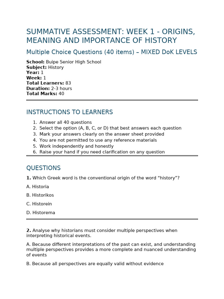 Week 1 History Summative Assessment 40 MCQ | PDF | Educational ...