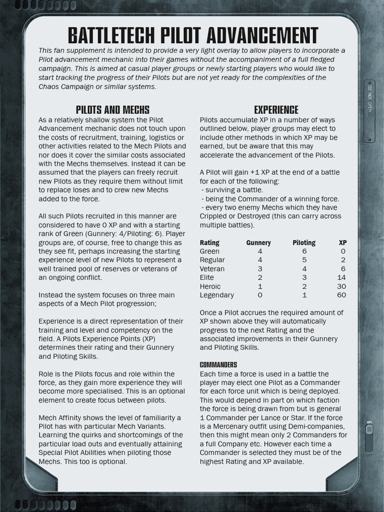 Battletech Pilot Advancement | PDF | Storms
