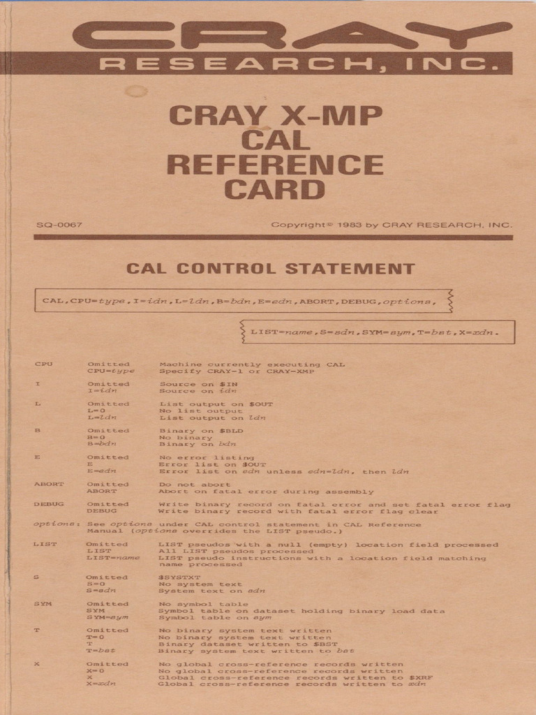 SQ-0067 Cray-X-MP CAL Refcard 1983 | PDF | Computer Hardware | Computer ...