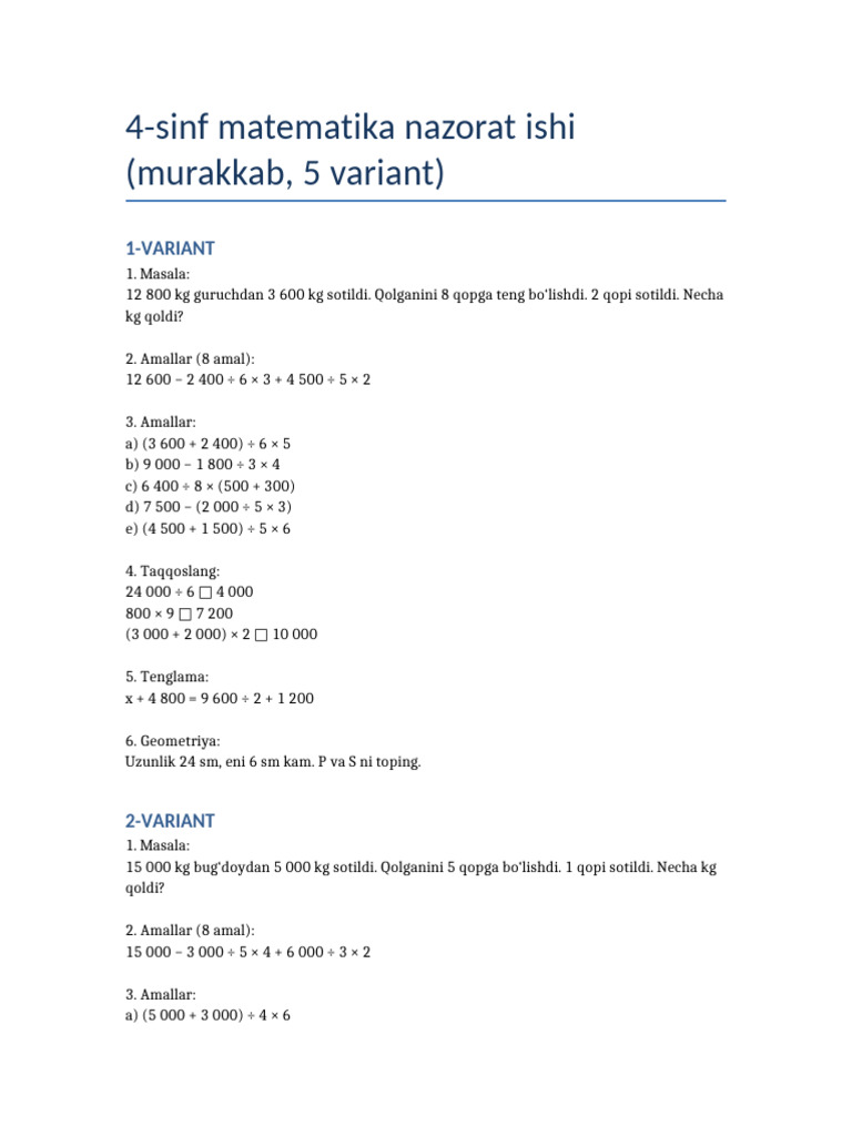 4 Sinf Murakkab Nazorat | PDF
