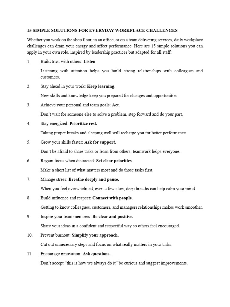 15 Simple Solutions For Everyday Workplace Challenges | PDF