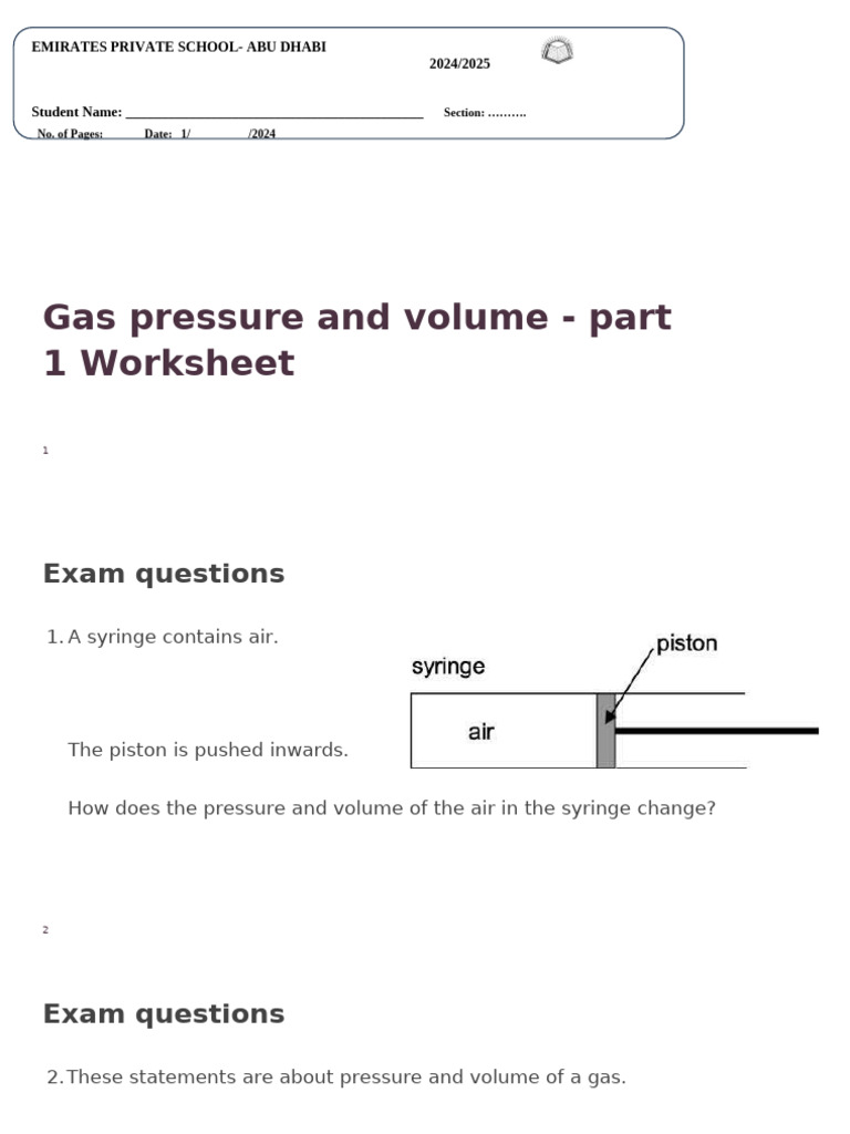 Pressure and Volume Relationship Worksheet | PDF | Gases | Pressure