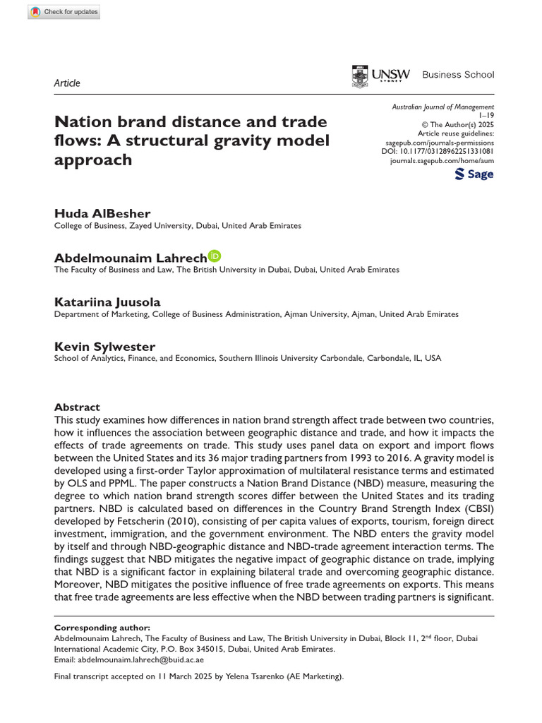 Albesher Et Al 2025 Nation Brand Distance and Trade Flows A Structural ...