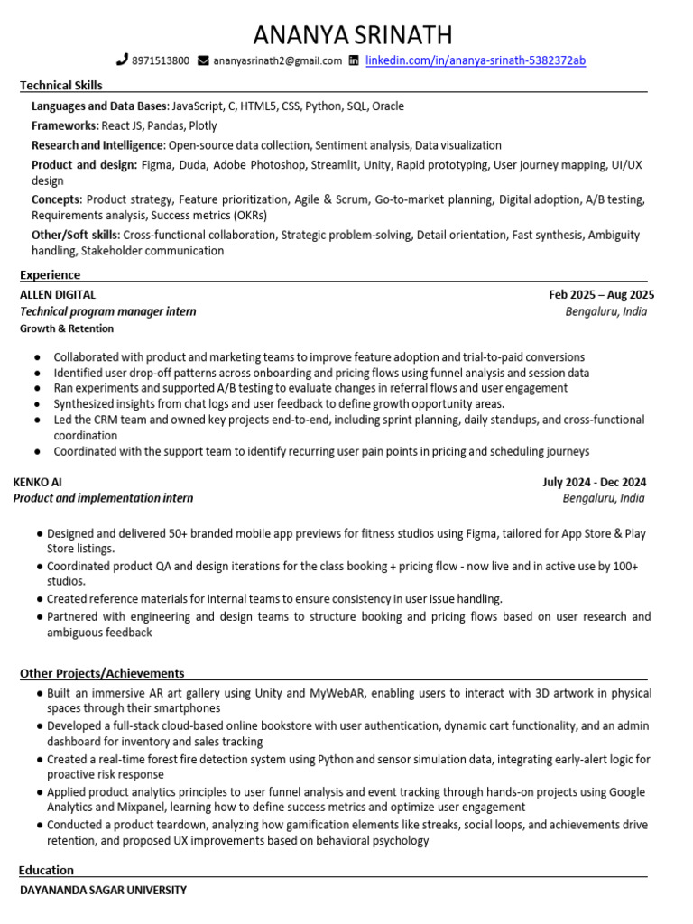 Ananya - PM Intern - Resume | PDF | Agile Software Development | Analytics