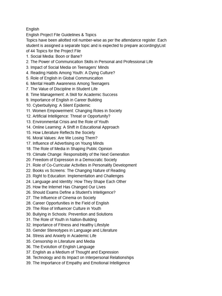 English Project File Topics | PDF