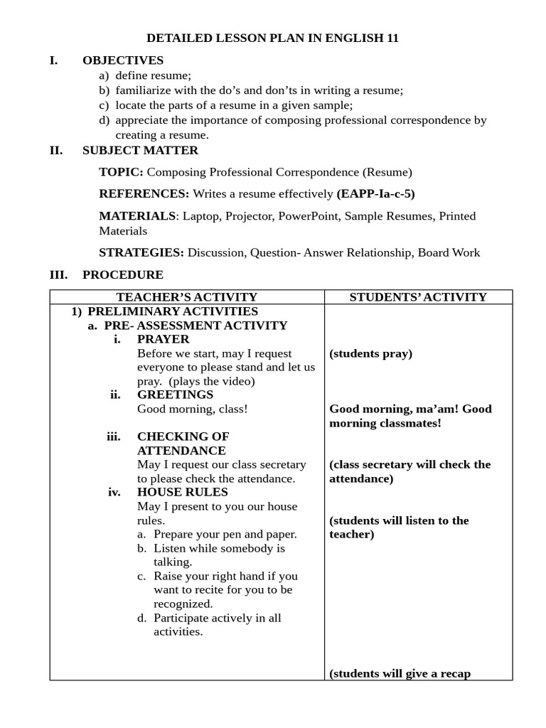 Detailed Lesson Plan in English 12 | PDF | Résumé | Lesson Plan