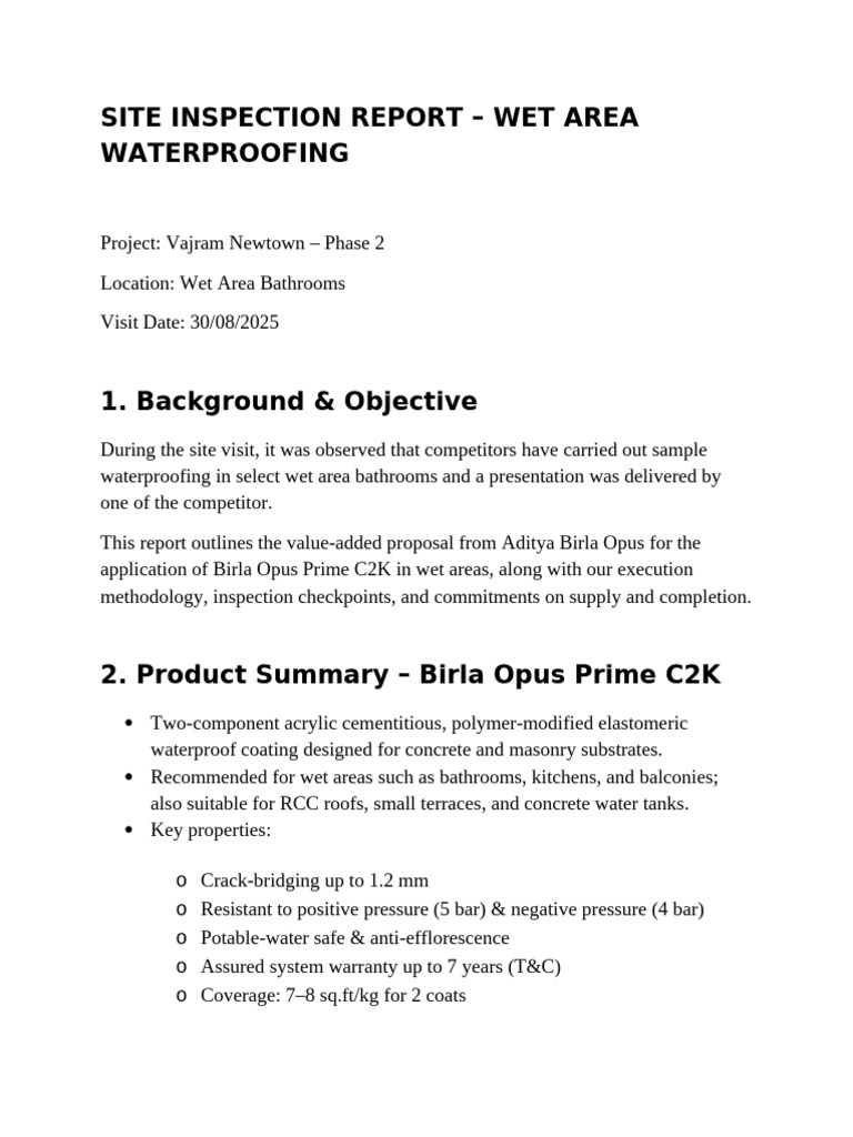 Site Inspection Report - Wet Area Waterproofing | PDF | Concrete ...