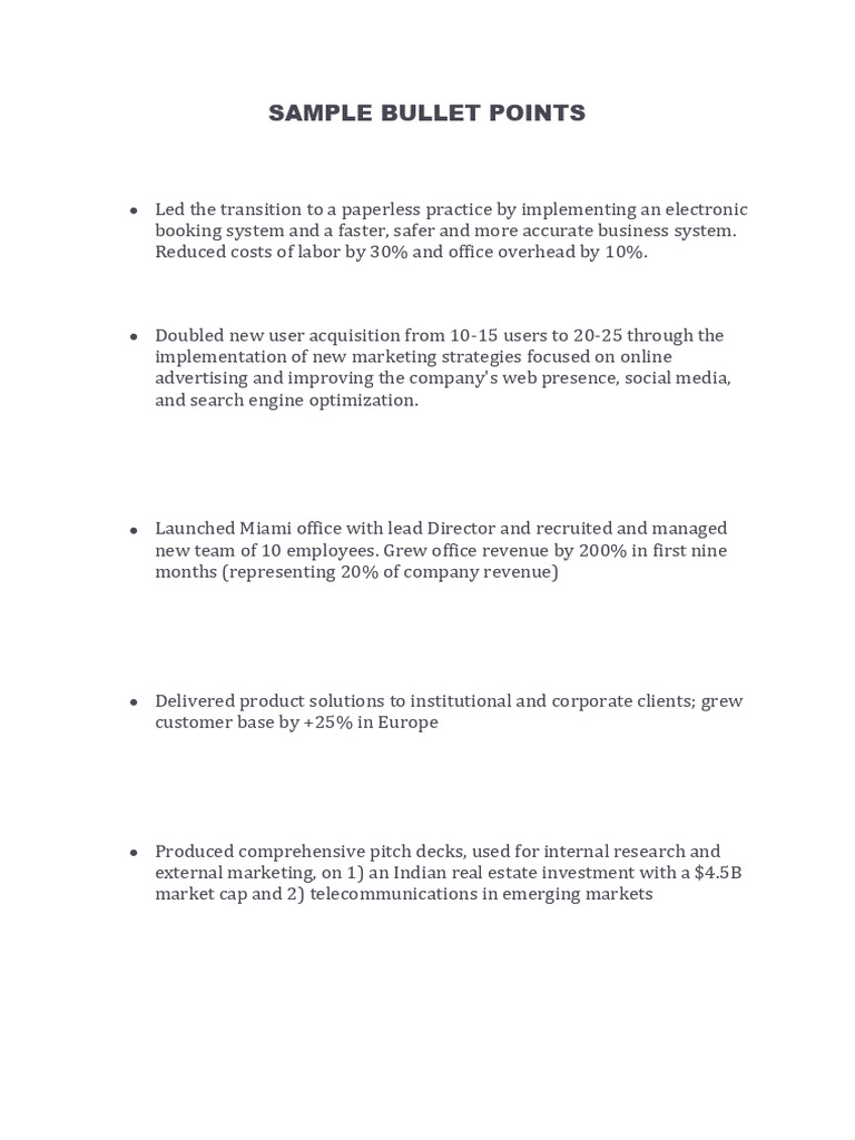 Sample Bullet Points | PDF | Mergers And Acquisitions | Marketing