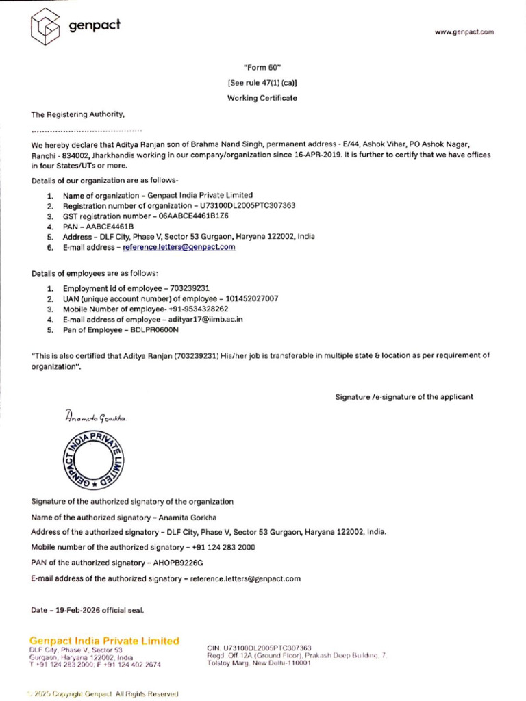 Form 60 - Working Certificate | PDF