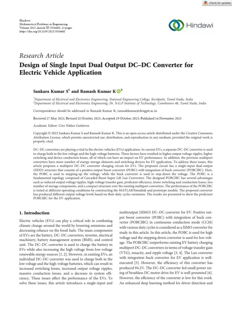 Design of Single Input Dual Output DC-DC Converter For Electric Vehicle ...