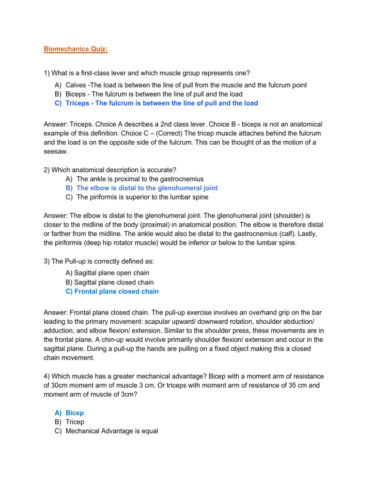 Biomechanics Quiz | PDF | Anatomical Terms Of Motion | Elbow