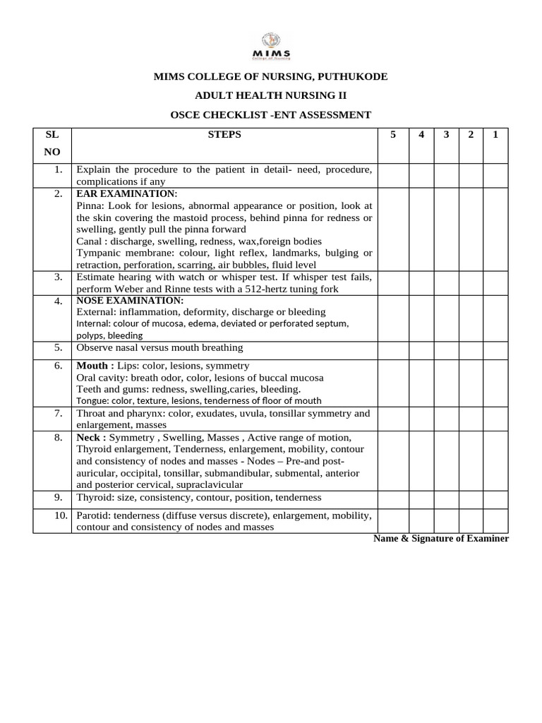 OSCE Checklist - EnT Examination | PDF