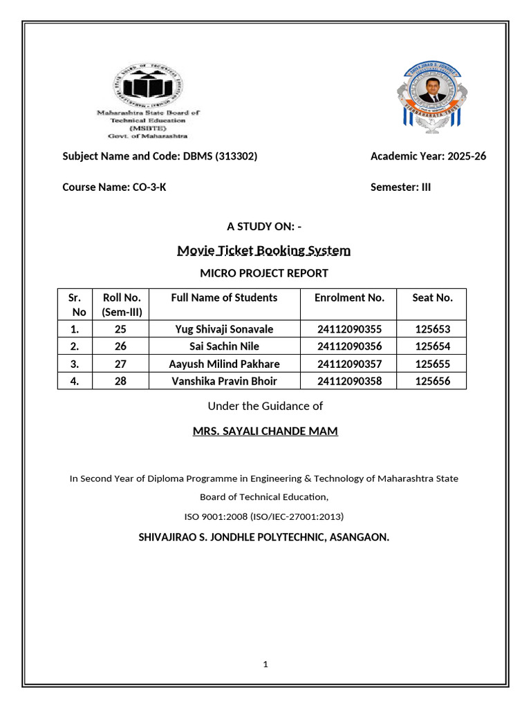 Movie Ticket Booking System DBMS Microproject | PDF | Databases | My Sql