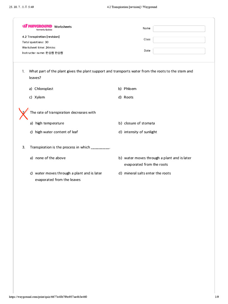 4.2 Transpiration (Revision) - Wayground | PDF | Leaf | Stoma