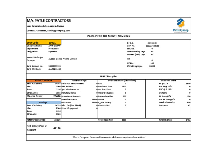 M/S Patle Contractors: Payslip For The Month Nov-2025 | PDF | Salary ...