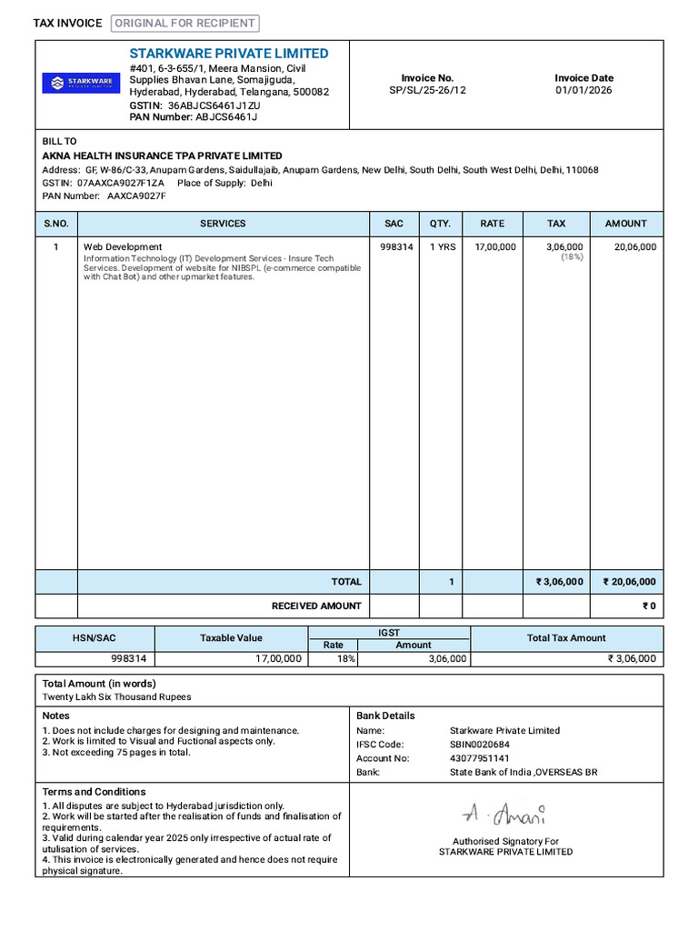 Akna Health Insurance Tpa Private Limited Invoice SP SL 25-26-12 | PDF ...