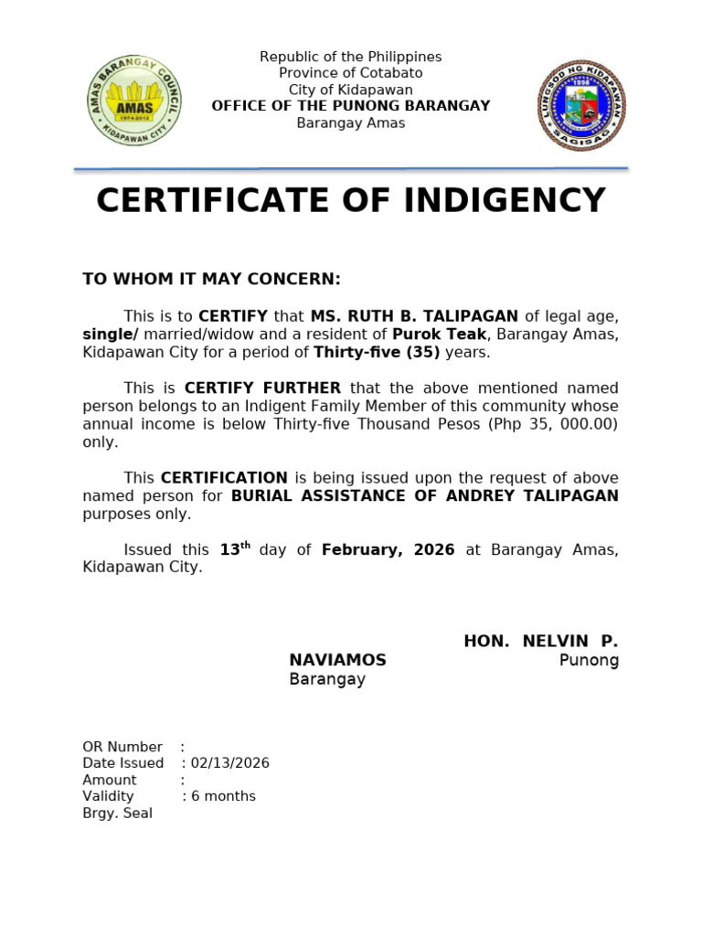 Certificate of Indigency (Burial Assistance) | PDF | Foreign Exchange ...