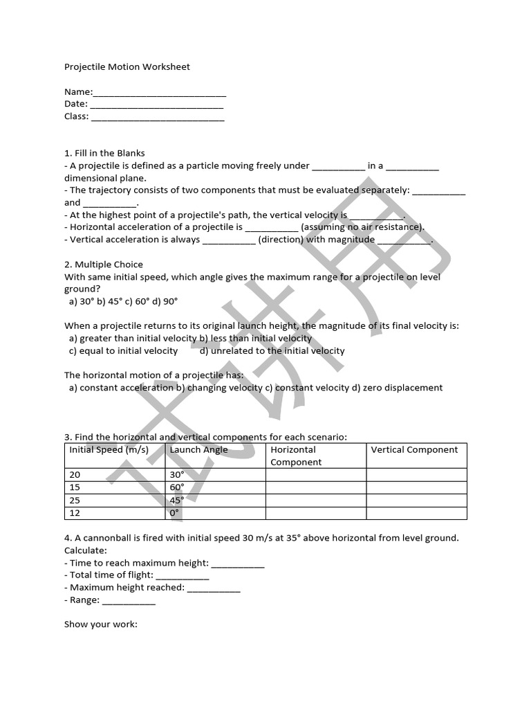 Projectile Motion Worksheet | PDF