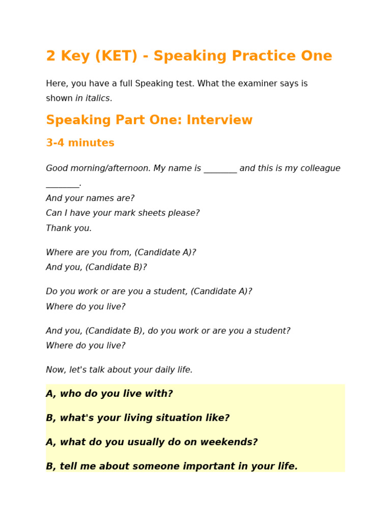 Speaking Ket Test 2 | PDF