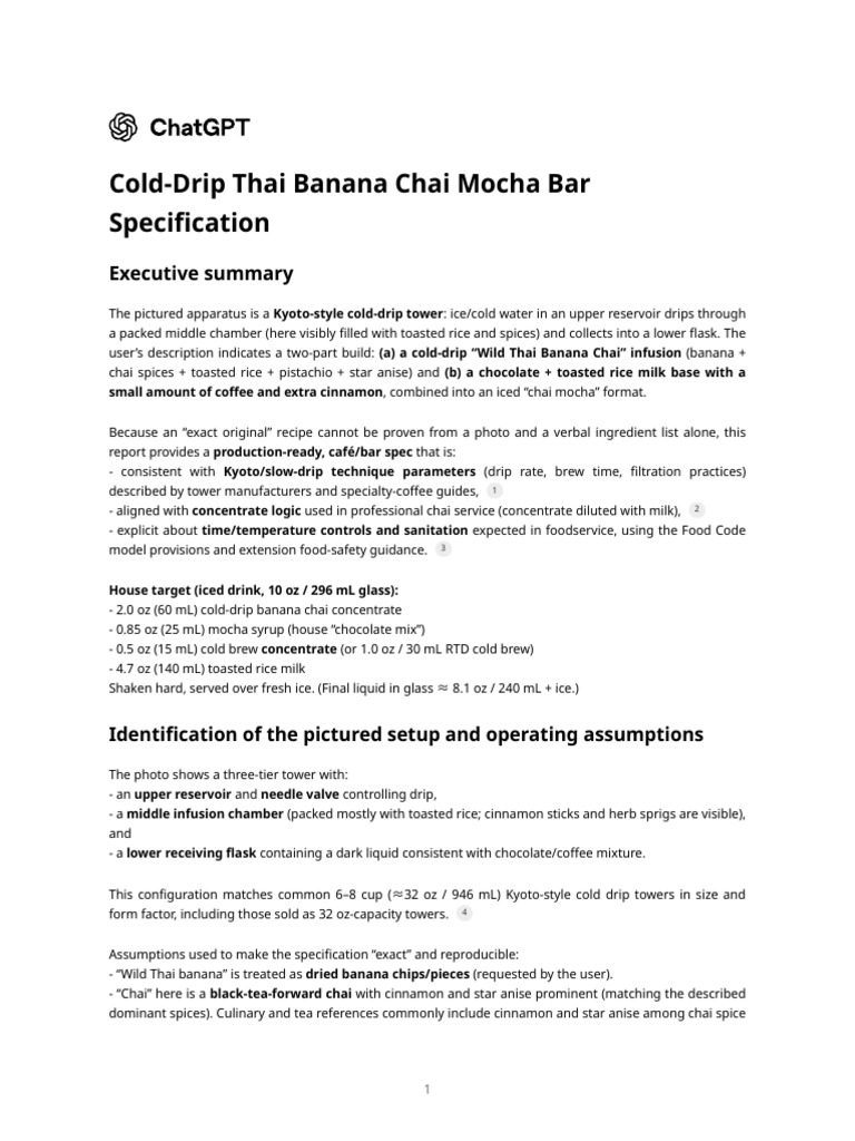 Cold-Drip Thai Banana Chai Mocha Bar Specification | PDF | Chocolate ...