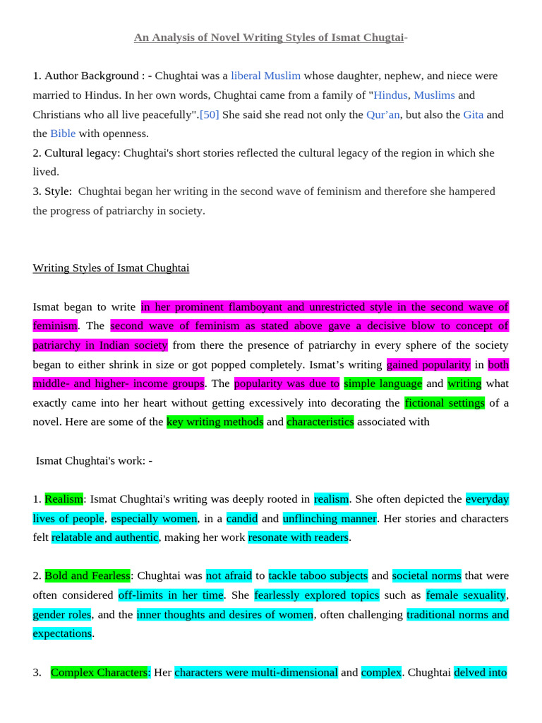 An Analysis of Novel Writing Styles of Ismat Chugt | PDF | Feminism ...