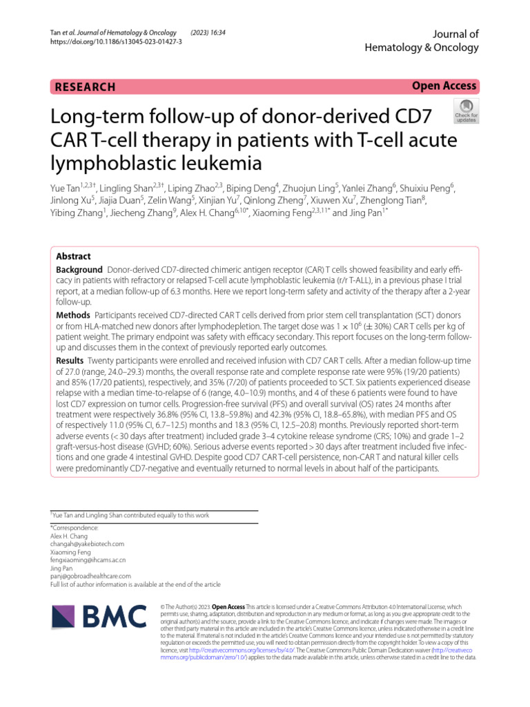 Long Term Follow Up of Donor Derived CD7 CAR T Cell | PDF | Leukemia ...