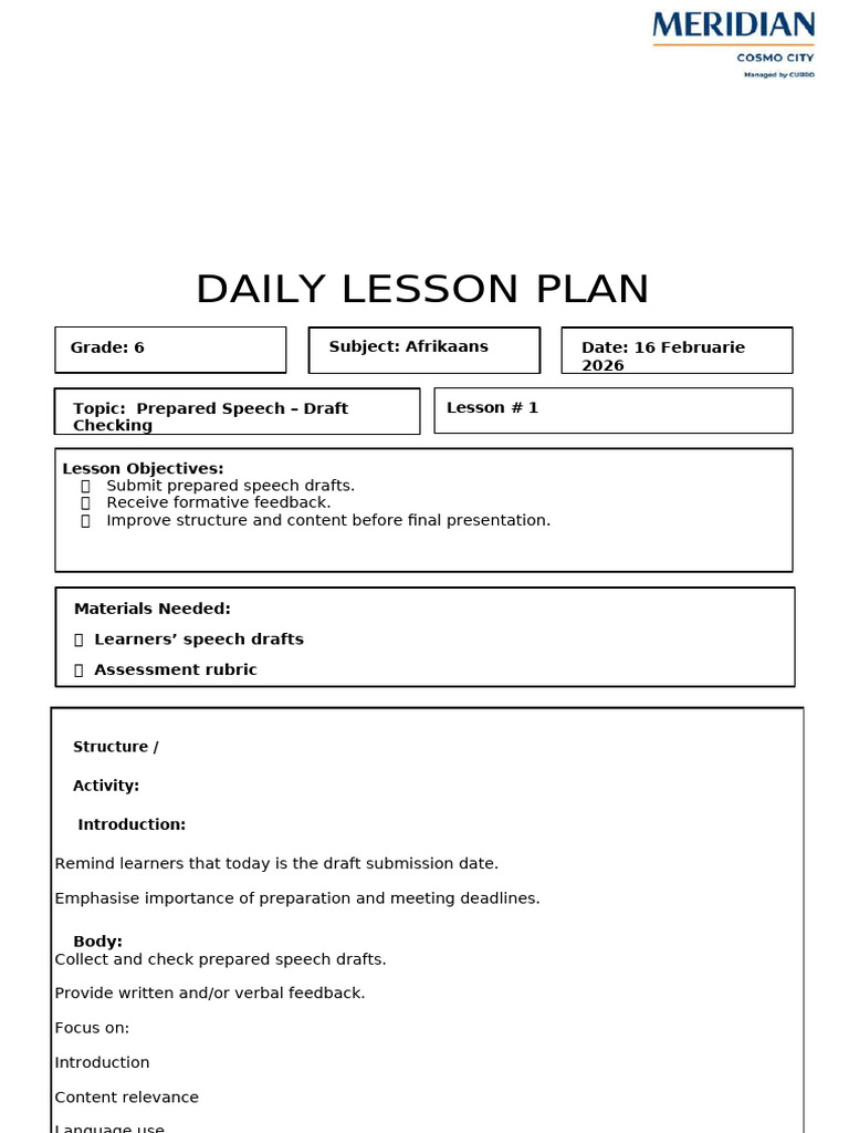 Daily Lesson Plan 16 Feb | PDF