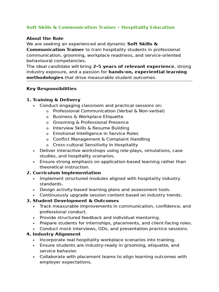 JD - Soft Skills & Communication Trainer | PDF | Communication | Mentorship