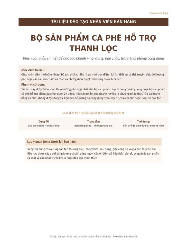 Tai Lieu Dao Tao Bo San Pham CA Phe Ho Tro Thanh Loc | PDF